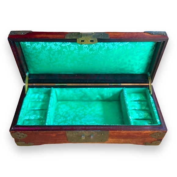 Vintage Chinese Wooden Jewelry Box | Jade + Brass Details | Green Lining | $70 - Picture 5 of 10